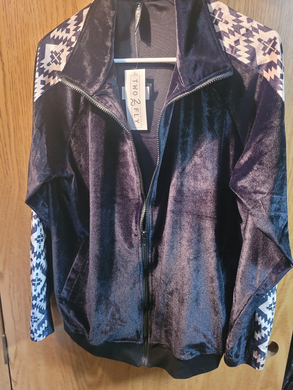 Women's Two Fly Zip-Up Jacket  Black Aztec with Patterned Sleeves Velour Style
